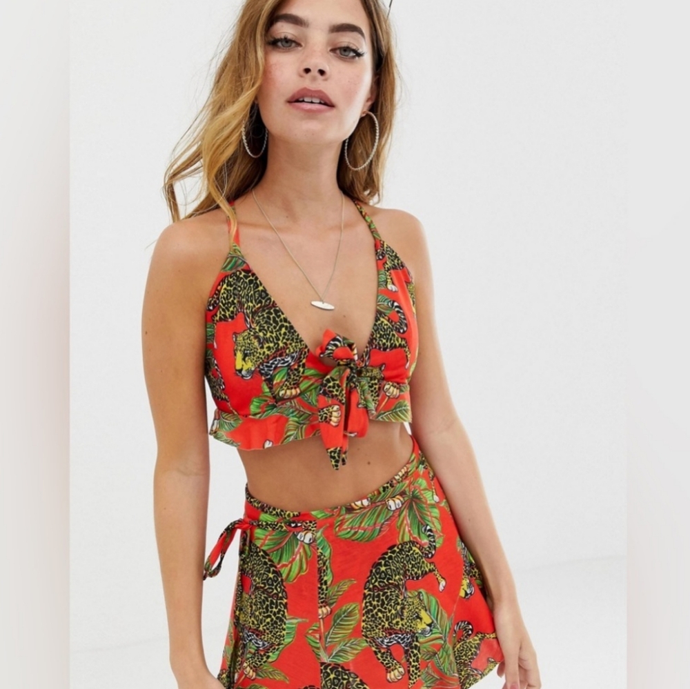 ASOS DESIGN beach bralette & tie skirt in tropical tiger print two-piece